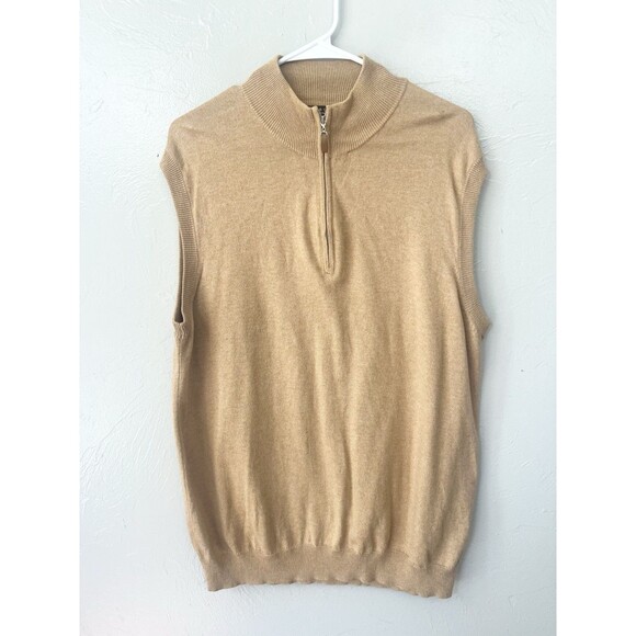 J. Hilburn Sweater Vest Size Medium Tan 1/4 Zip Silk Cashmere Blend Top Golf - Picture 1 of 5